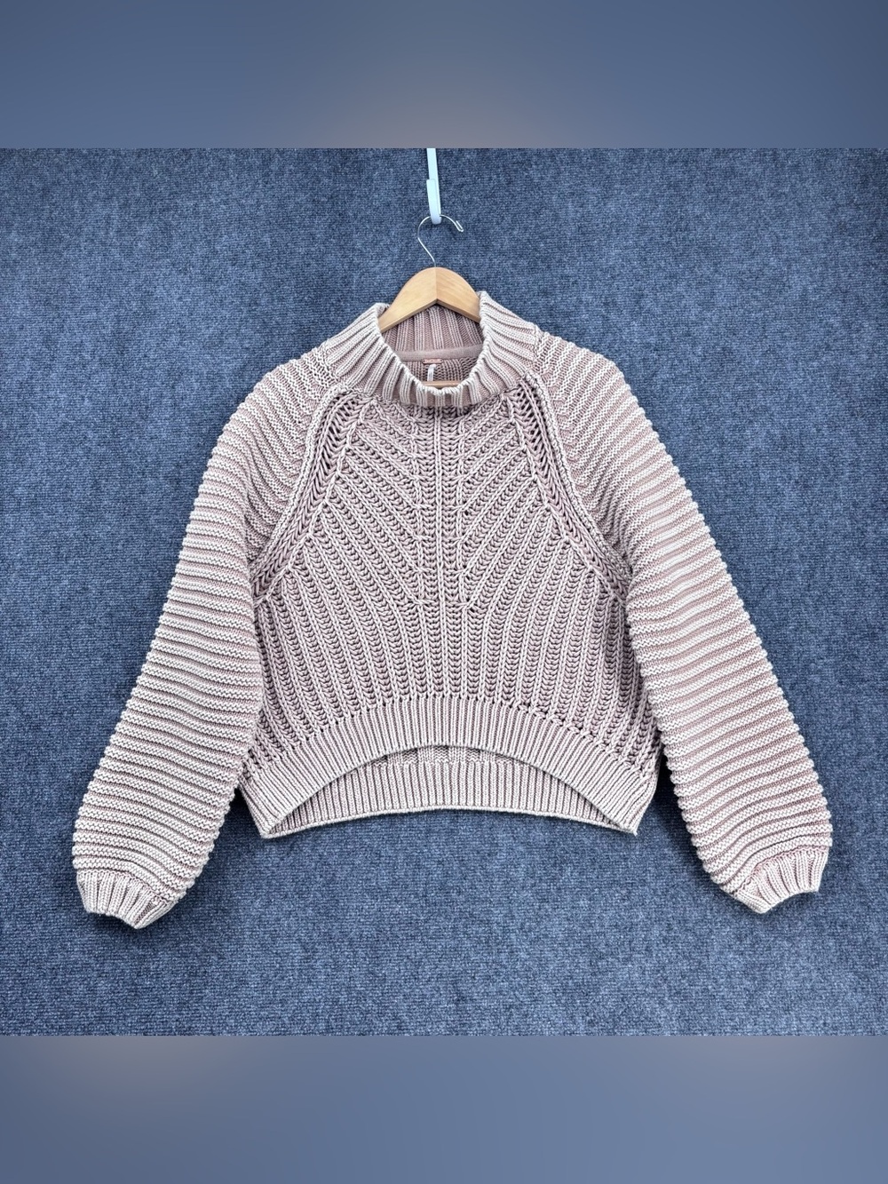 Free People Tan Sweetheart Chunky Knit Boho Cottagecore Pullover Sweater Size M
